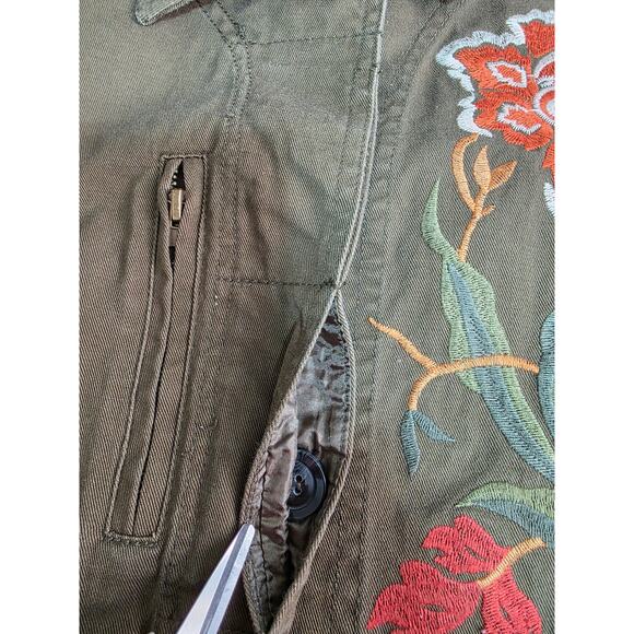 Umgee Womens Sz L Olive Green Floral Embroidered Pockets Barn Chore Coat - Picture 7 of 12